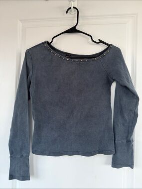SHEIN Slate Blue Boatneck Long Sleeve Top with Stud Trim